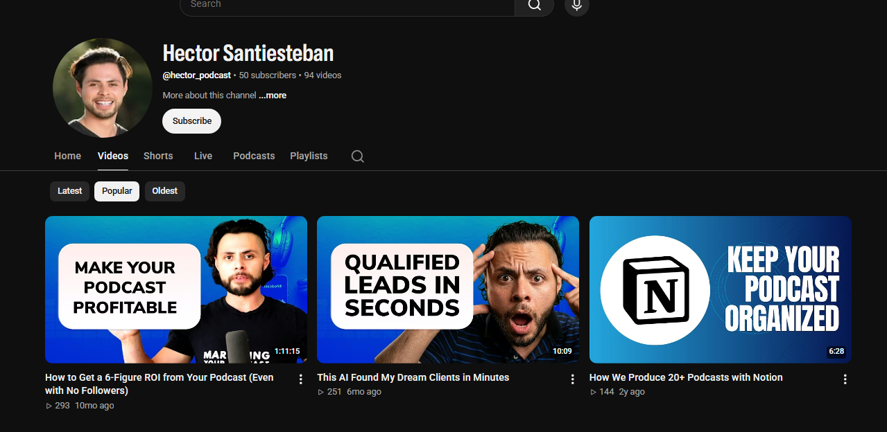 Hector Santiesteban’s YouTube channel: the Videos tab, with the channel header and recent videos